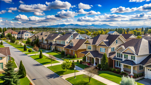 Suburban neighborhood of detached houses surrounded by a blue sky and vast natural landscape