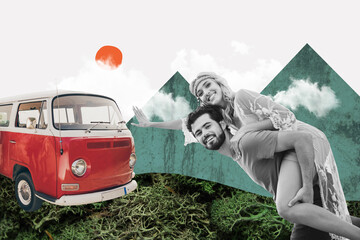 Composite photo collage of happy girl guy family holiday celebration summer hiking hippy bus...