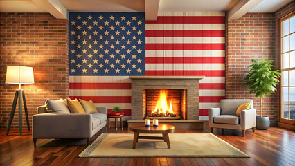 Cozy living room with American flag, warm fireplace, and inviting interior, cozy, living room, American flag, warm