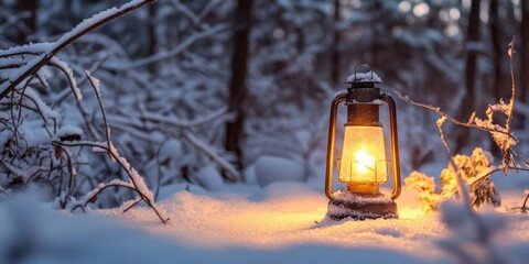 A glowing lantern shines brightly in the serene snowy forest. Soft light contrasts with the white snow and dark trees. This tranquil scene captures the beauty of winter nights. AI