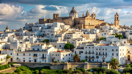Fototapeta premium View of Ostuni's white town in Brindisi, Italy, showcasing the unique architecture and landmarks of the old citadel, Ostuni