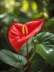 Bright Red Anthurium with Tropical Greenery
