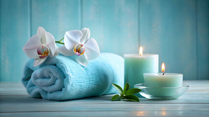 Spa still life with light blue composition, aromatic candle, orchid flower