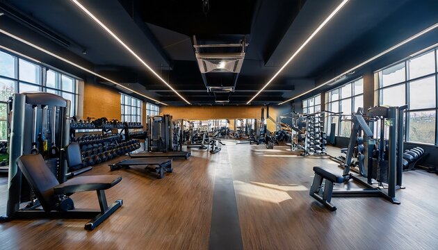 Wide angle photography of an empty modern gym interior full of weights, bars and racks.