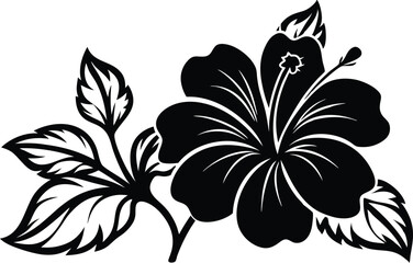 Black silhouettes of tropical hibiscus flowers isolated on a white background.