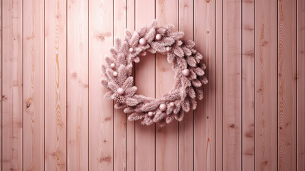 Christmas wreath hanging on a light pink wooden wall