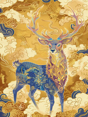 Dunhuang-Inspired Art: A Majestic Nine-Colored Deer Amidst Auspicious Clouds, Rich in China Red, Indigo, and Gold, with Ultra-Fine, High-Definition Delicacy