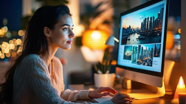 A travel business owner in Asia consulting with clients via video call, offering personalized travel advice from a professional, well-decorated home office.
