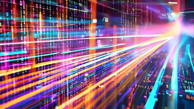 A vibrant digital landscape with colorful lines and binary code, representing data flow and technology.