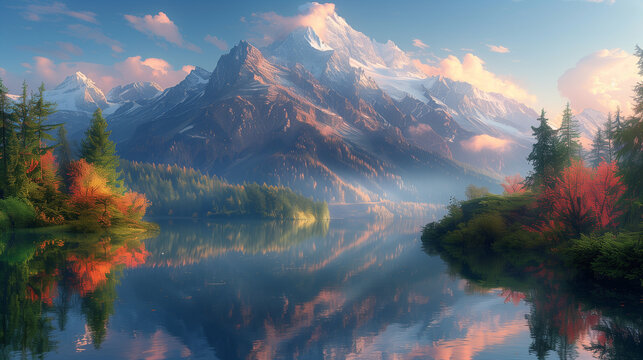 Majestic snow-capped mountain peaks reflected in the still mirror-like surface of a tranquil alpine lake
