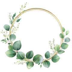 Watercolor pastel green eucalyptus leaves with a gold circular frame,