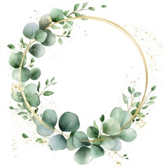 Watercolor pastel green eucalyptus leaves with a gold circular frame,