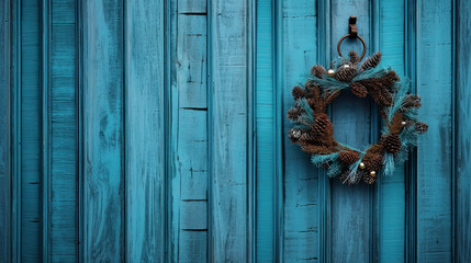 Christmas wreath hanging on a vivid cyan wooden wall