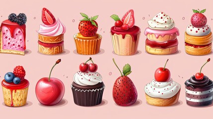 cute dessert set. Stylized cakes, ice cream and cherry isolated on light pink background. Vector fruit and bakery illustration. Dessert illustrated card in hand-drawn style