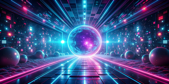 Futuristic space particles in pink and blue colors with neon vj background, sci-fi tunnel, and space sphere vfx design element, futuristic