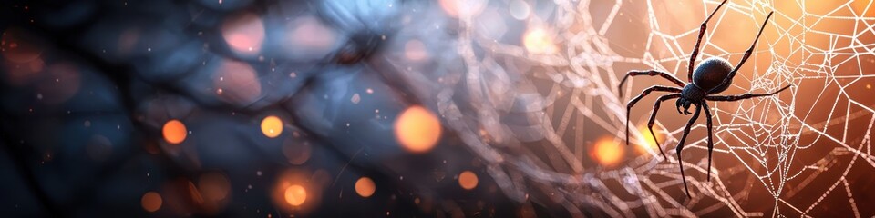 Spider webs with large black spiders hanging in the corners, against a dark background with glowing orbs, [Halloween banner], [creepy crawlers and spider theme].  ,closes up