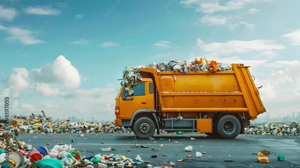 Poster garbage truck transformed into mobile recycling center collecting sorting waste on the go
