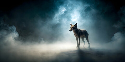 Mysterious animal figure emerging from the fog in the darkness , Fog, black background, silhouette, mysterious, captivating, animal