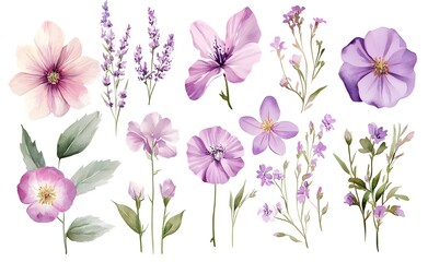 Watercolor pastel pink and purple wildflowers clipart, on a white background, with flowers in various poses and green leaves
