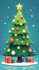 Obraz premium Festive Christmas tree with bright ornaments and wrapped gifts on a snowy base, surrounded by twinkling stars in a blue background