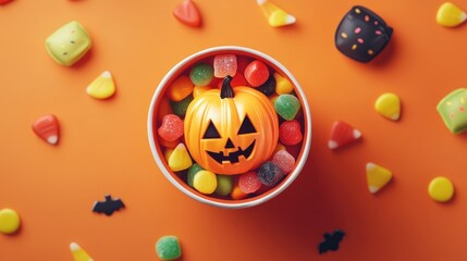 Top view pumpkin cup with Halloween candies, flat design, illustration, isolated background