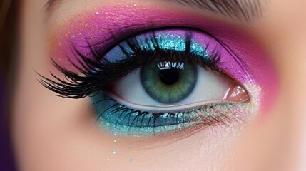 Colorful rainbow make up on woman eye studio shot. Neural network ai generated art