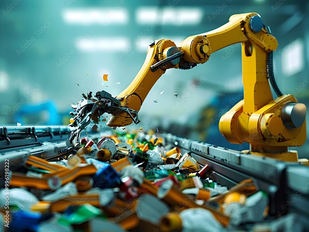 Poster robotic arm sorting valuable materials from conveyor belt of garbage for recycling