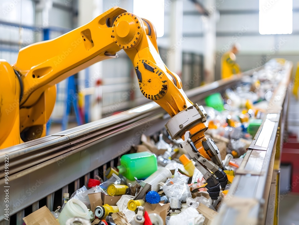 Poster robotic arm sorting garbage on conveyor belt for recycling and materials recovery
