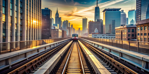 Obraz premium Tube metro railway track view with city buildings and approaching train, Dubai, UAE, urban, transportation