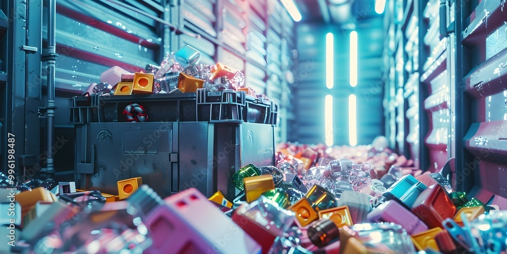 Poster futuristic garbage compactor crushing waste into dense cubes for efficient recycling and transport