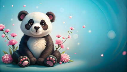 Cute panda malish sitting on a blue background with pink flowers, panda, bear, adorable, animal, malish, sitting