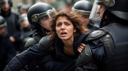 Police subduing two protesters during strike. Neural network ai generated art