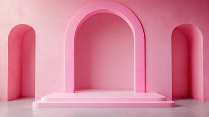 A minimalist pink interior featuring arches and clean lines, perfect for modern decor and artistic photography.