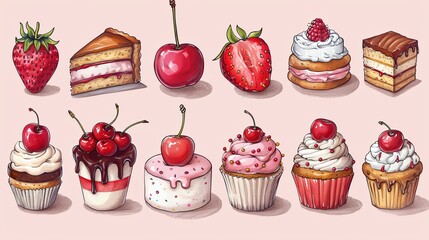 cute dessert set. Stylized cakes, ice cream and cherry isolated on light pink background. Vector fruit and bakery illustration. Dessert illustrated card in hand-drawn style