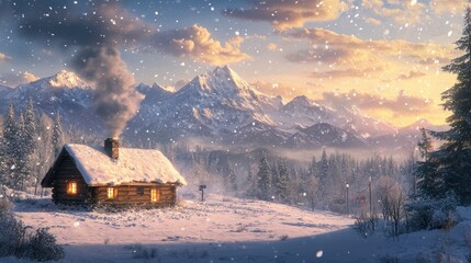 Fototapeta premium A winter landscape with distant mountains, snowflakes falling gently, and a small cozy cottage with smoke curling from the chimney in the foreground.