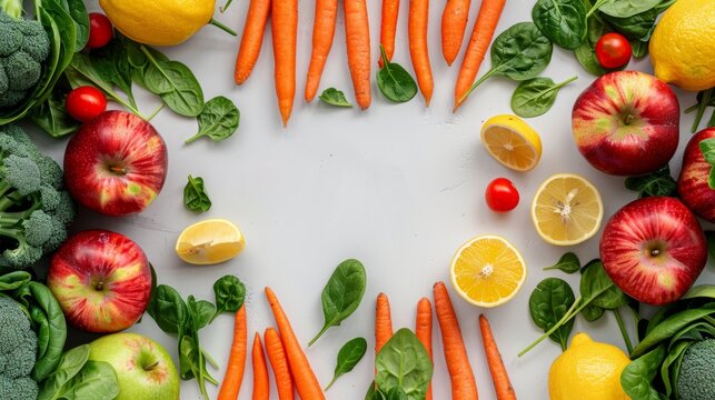 minimalist composition fresh fruits vegetables clean white background arranged square frame Ripe apples green spinach leaves orange carrots yellow lemons create vibrant border leaving center blank cus