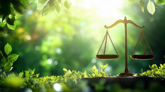 A golden balance scale symbolizing justice surrounded by lush greenery and soft sunlight.