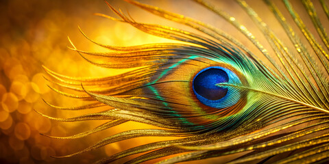 Obraz premium Peacock feather with vibrant gold and blue colors, peacock, feather, vibrant, gold, blue, colorful, elegant, beauty, nature