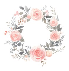 Watercolor pastel pink rose wreath, gray leaves and flowers clipart on a white background 