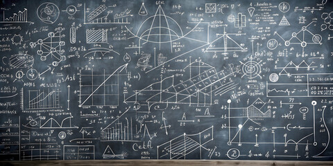 Quantum physics formulas and operations written in white chalk on a blackboard, quantum physics