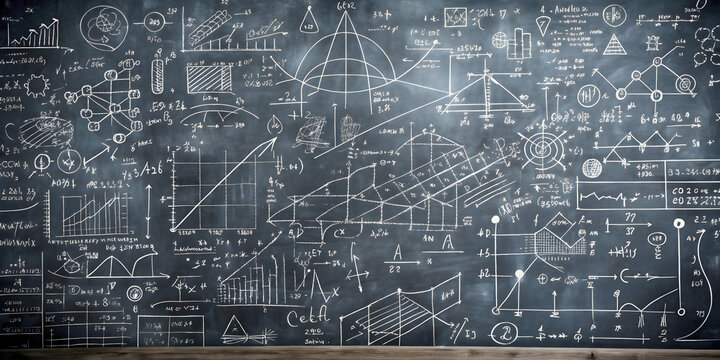 Quantum physics formulas and operations written in white chalk on a blackboard, quantum physics