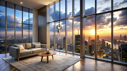 Luxury penthouse key transfer in front of panoramic windows with cityscape view during early evening , luxury, penthouse, key