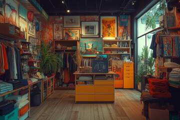 A vibrant pop-up shop filled with eclectic clothing and colorful decor in a lively urban setting