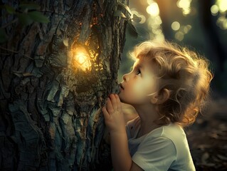Fototapeta premium Child Pressing Ear to Glowing Tree Trunk Sharing a Secret in Enchanted Forest