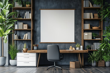 A serene modern office space featuring elegant wooden shelves and a minimalist design perfect for productivity and inspiration