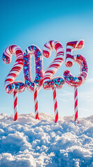 2025 displayed with candy sticks in a snowy setting