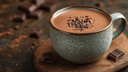 A cozy cup of rich hot chocolate topped with chocolate shavings, set on a rustic wooden board with chocolate pieces around.