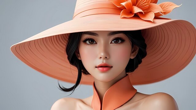 A well-groomed woman wearing a big hat stands out; the image is unframed, elegant, fashionable, and perfectly lit. It can be used for  product, poster, or macro photography. 