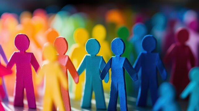 Colorful paper figures standing together, showcasing unity and diversity against a blurred vibrant background.