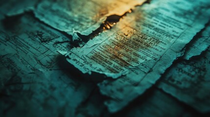 Fototapeta premium Close-up of textured, aged paper with a mystical, greenish hue and subtle light reflections.